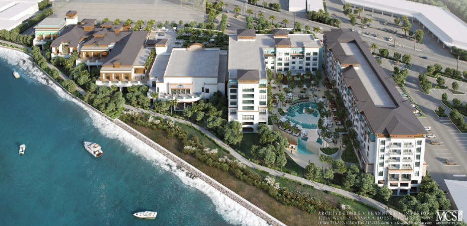 Aerial photo rendering with multi-level buildings and waterfront